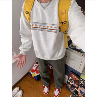 重磅纯棉美式潮流设计感无帽卫衣男款青少年宽松加绒加厚秋冬上衣