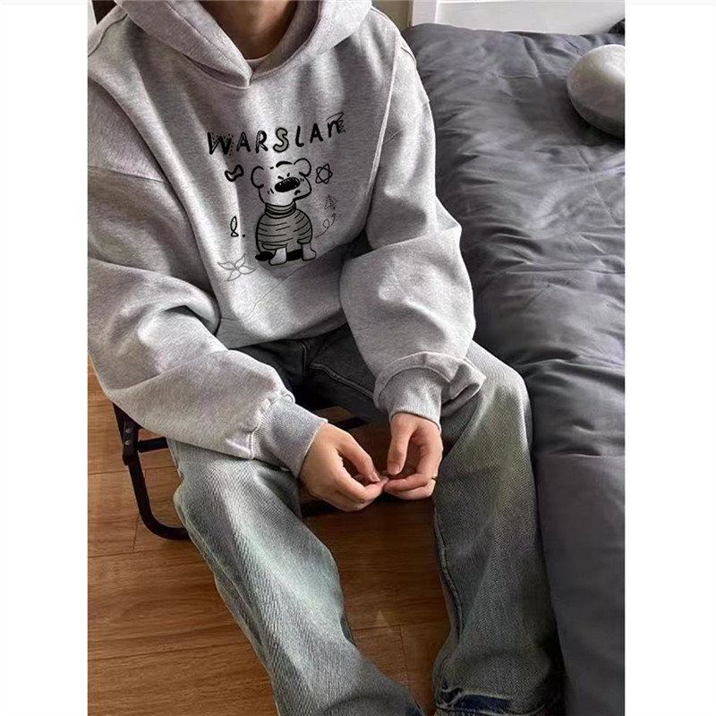 纯棉高街美式复古灰色连帽卫衣男