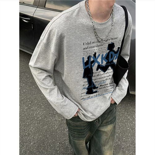 纯棉美式复古高街长袖t恤男宽松