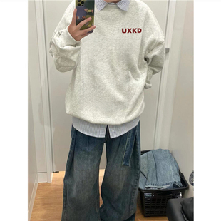 重磅纯棉美式 上衣 复古字母无帽卫衣男宽松百搭加绒加厚潮牌基础款