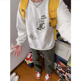 重磅纯棉美式复古卡通加绒卫衣男款冬季加厚内搭设计感无帽上衣潮