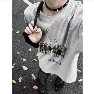 夏季 t恤男2026新款 宽松潮牌体恤 高街hiphop正肩短袖 重磅纯棉美式