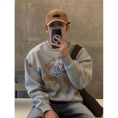 纯棉美式潮牌小熊印花卫衣男加绒