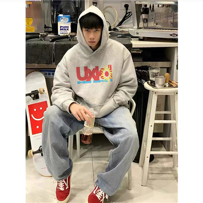 纯棉美式潮牌灰色连帽卫衣男宽松