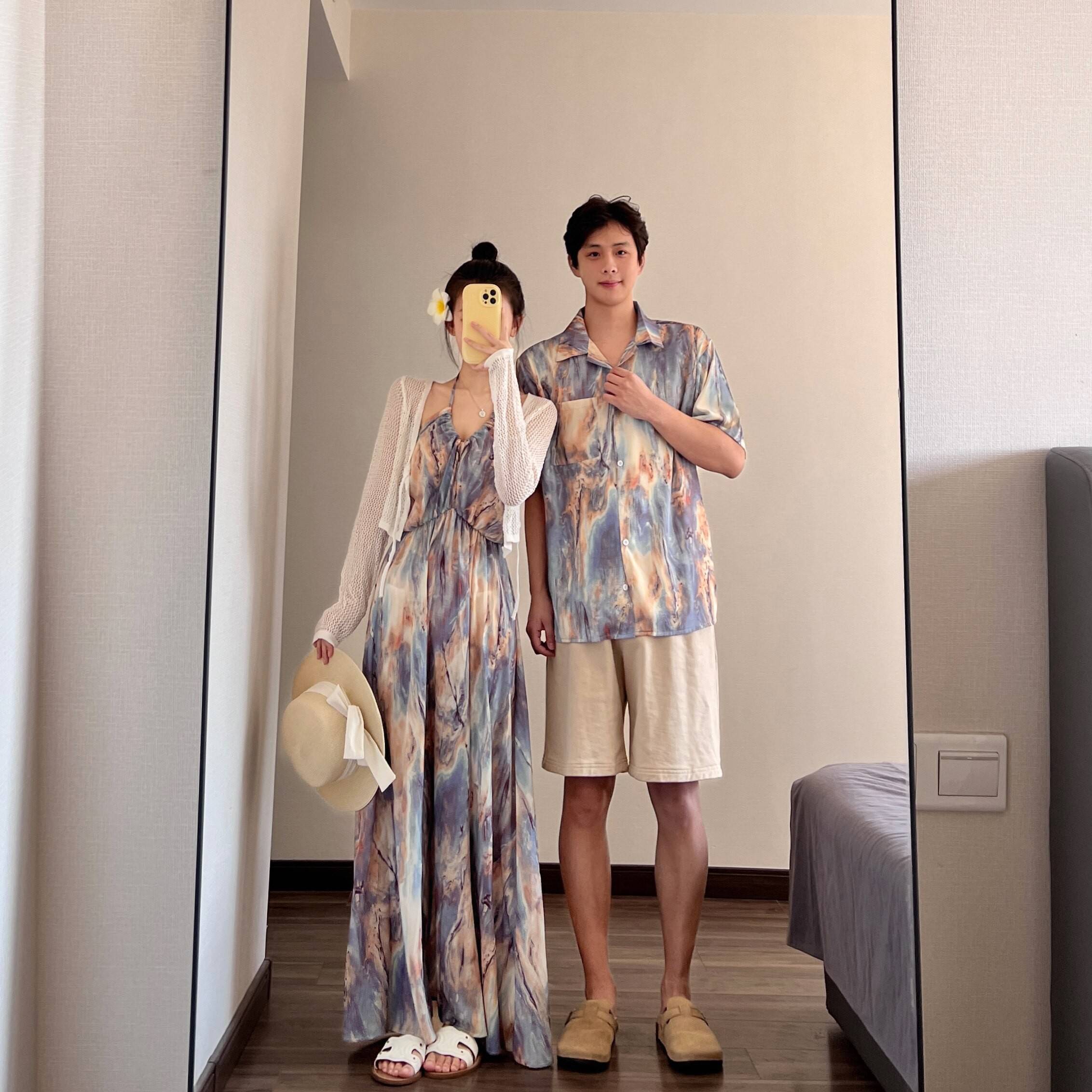 法式情侣装夏季度假风沙滩海边吊带女洋装2025夏季新款休闲 衬衫