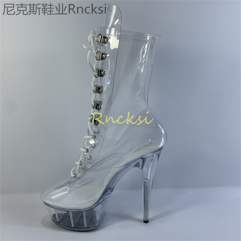 演出靴时装水晶厚底性感白色高跟靴/短靴/钢管舞靴舞台走秀透明靴