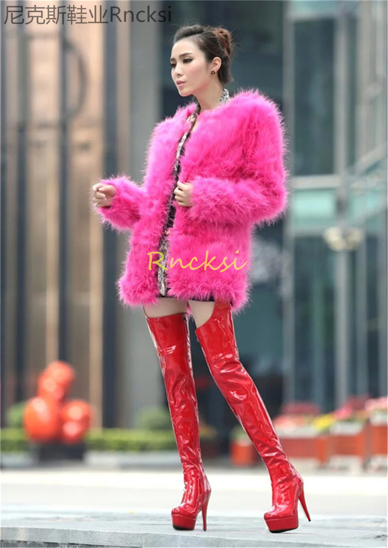 漆皮高筒长靴女2021秋冬季超高跟时装骑士靴粗跟圆头长筒女靴
