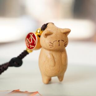实木委屈小猫咪 钥匙扣
