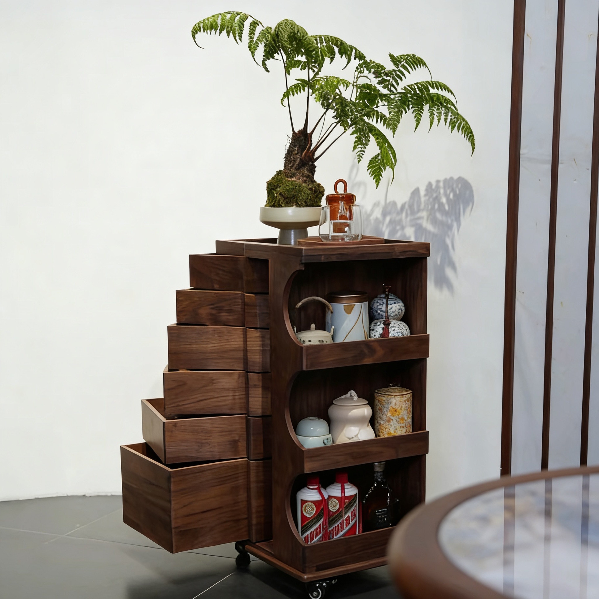 北美黑胡桃实木带轮移动多功能旋转抽屉收纳柜 50*38*80cm