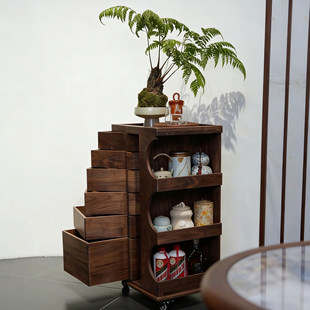 80cm 北美黑胡桃实木带轮移动多功能旋转抽屉收纳柜