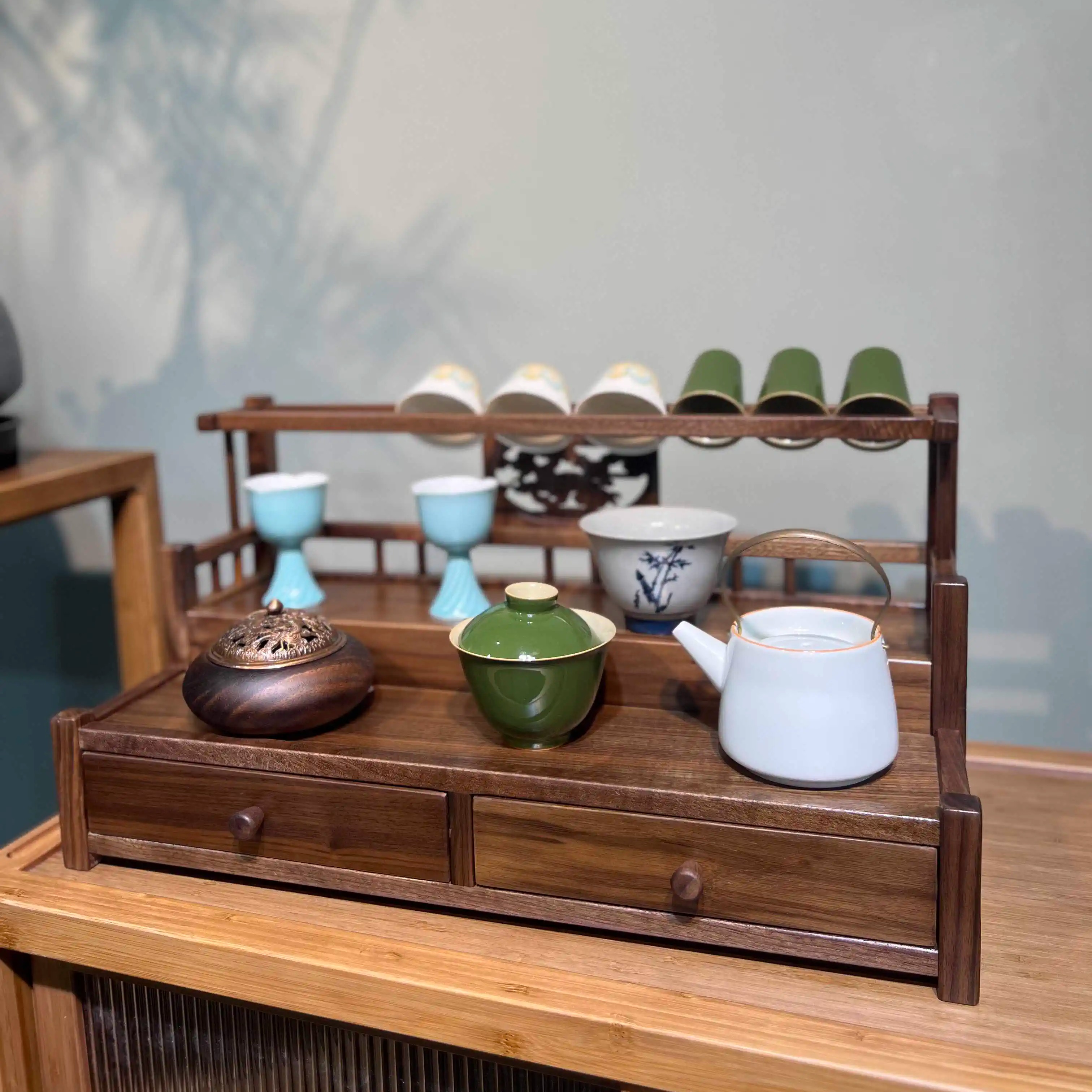 马到成功 黑胡桃收纳杯架茶饼茶具收纳盒