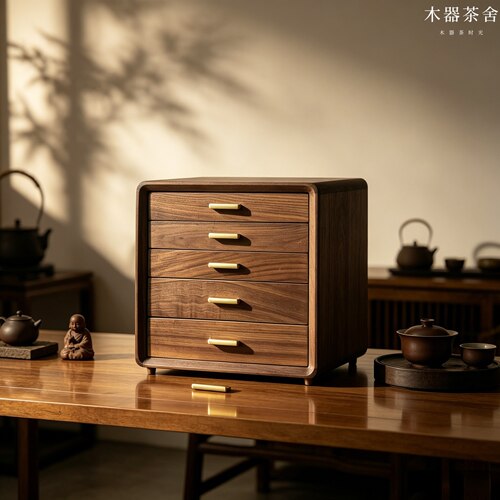 5层新中式实木茶具收纳柜胡桃木多斗储物柜客厅柜大容量抽屉柜
