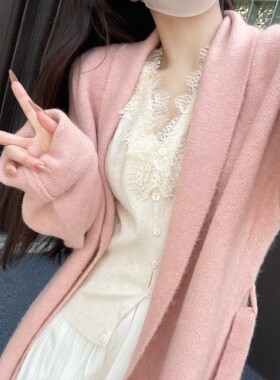 JAMAIS VU清仓 Du家三文鱼粉高品质羊绒长款系带大衣外套开衫