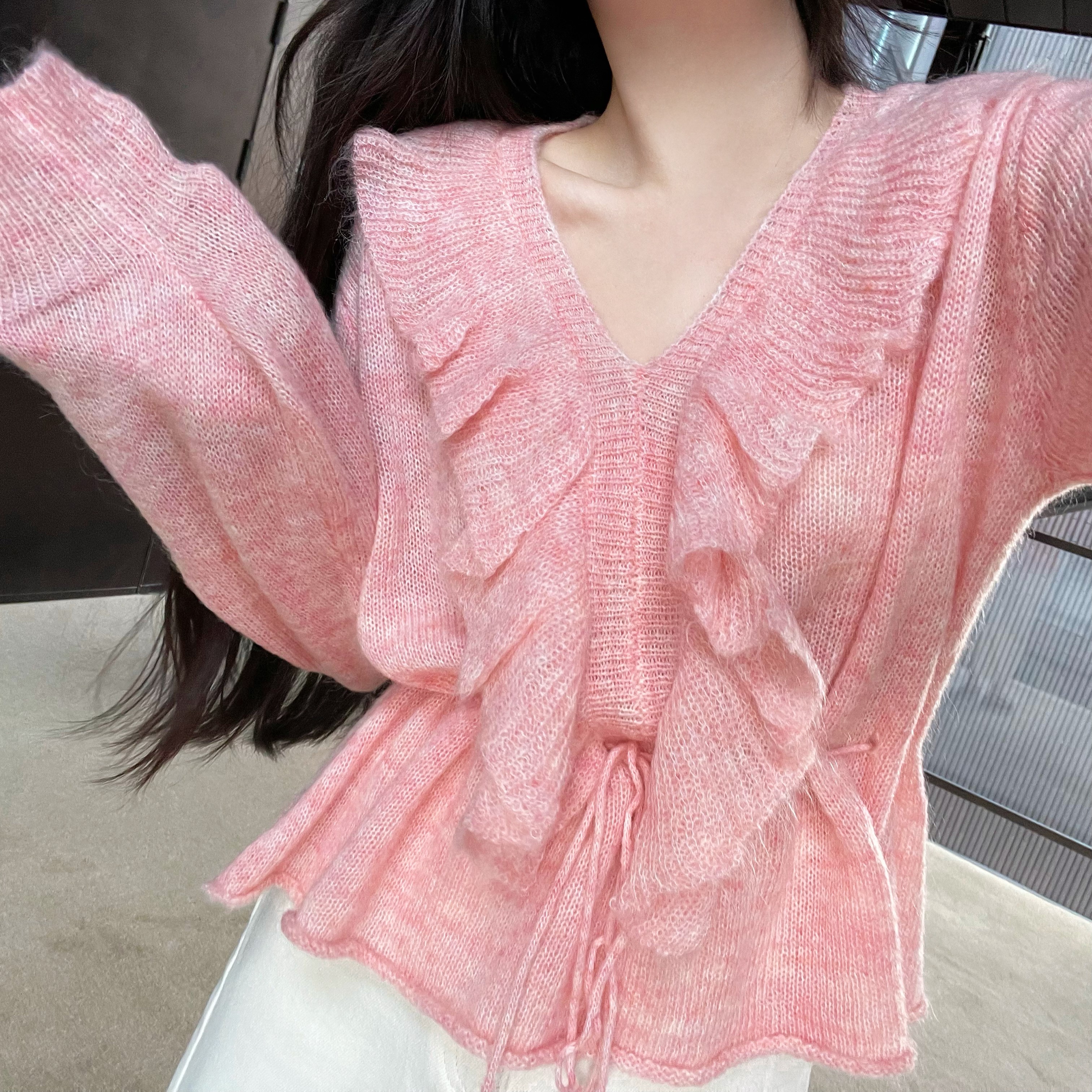 jamais vu【女友挂】马海毛 羊毛温柔木耳边收腰抽绳上衣针织衫女