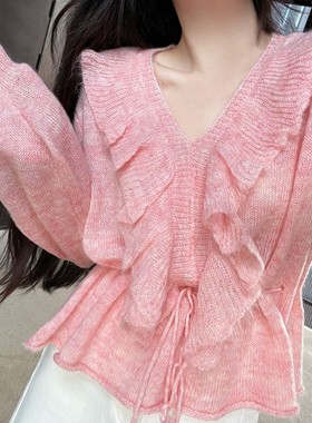 JAMAIS VU【女友挂】马海毛+羊毛温柔木耳边收腰抽绳上衣针织衫女