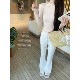 显瘦韩系白色休闲高腰长裤 JAMAIS 修饰腿型 早春微喇天菜 女