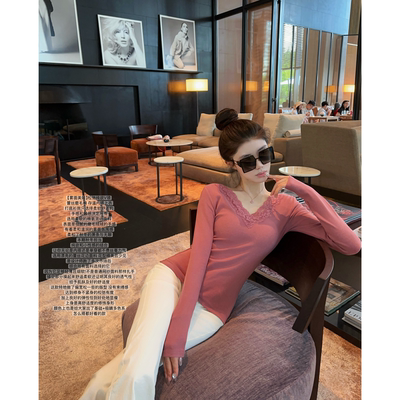 JAMAIS VU【雾面美姐】松弛纯欲V领 蕾丝磨毛棉存温内搭上衣秋冬