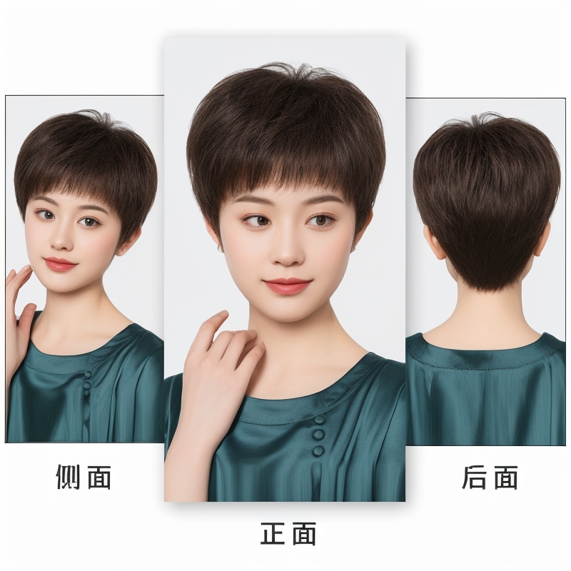 假发短发女真发全真人发中老年妈妈款新款手织自然透气短直全头套