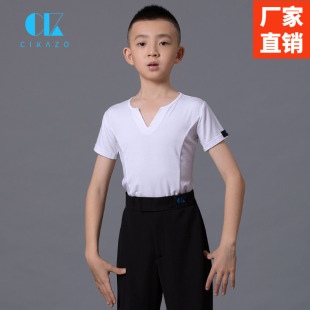 白少儿演出训练服形体衣夏季 中大童拉丁舞练功服男童 上衣 茜卡索