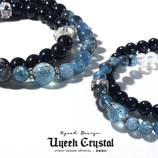 【蓝魔】天然黑曜石海蓝宝白水晶多圈新中式手链叠戴小众中性送礼