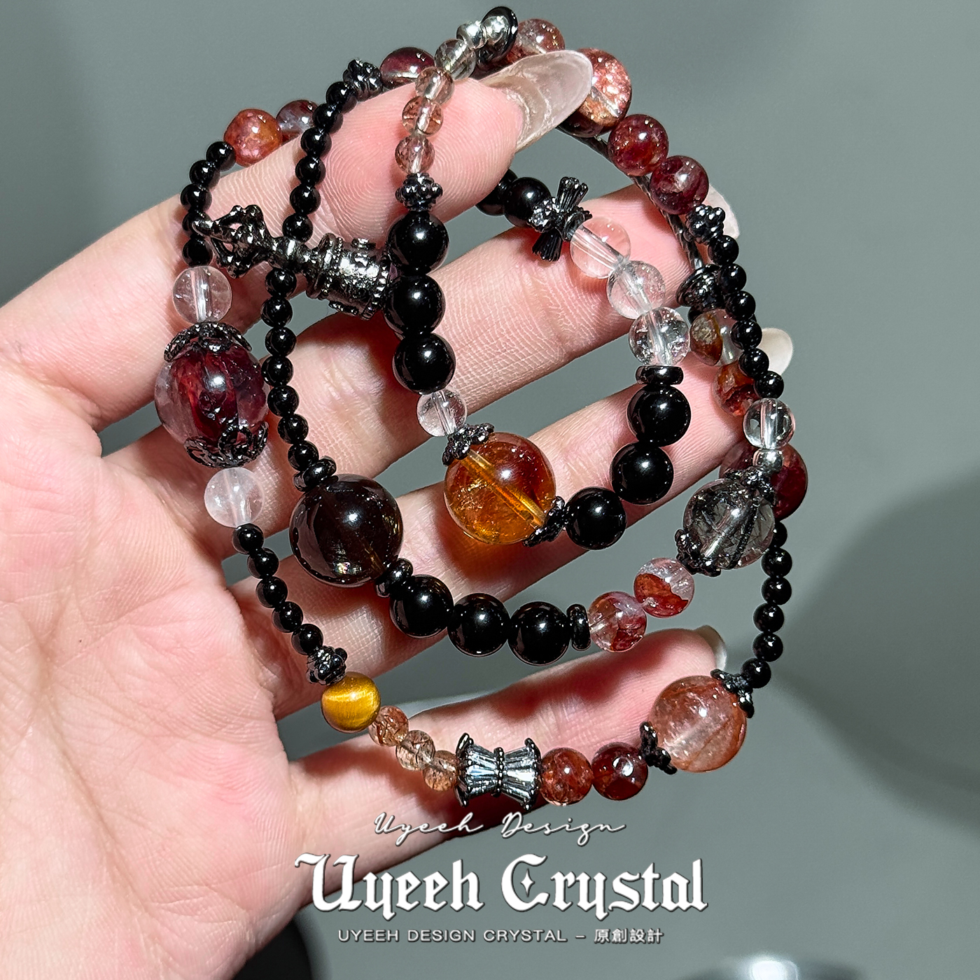 【怪诞】天然黑曜石红胶花水晶叠戴手链多圈哥特风十字架小众手串