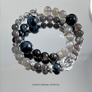 【黑武士】新中式本命年手链男女银天然黑骨干银曜石蓝虎眼银月光