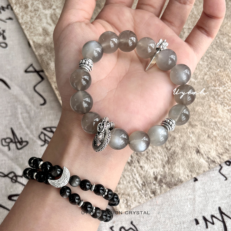 《月龙吟》天然水晶银灰月光石清冷风手串转运龙环小众手链本命年