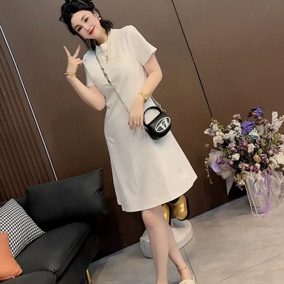 美式正肩短袖连衣裙小个子a字裙
