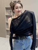 T恤女夏季 2024新款 修身 欧货重工烫钻网纱长袖 防晒衫 打底正肩上衣