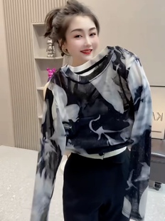 新中式泼墨晕染国风网纱长袖T恤女薄款修身打底衫冰丝防晒上衣夏