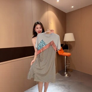 假两件连衣裙女2026夏新款设计感短袖拼接不规则开叉中长款格子裙