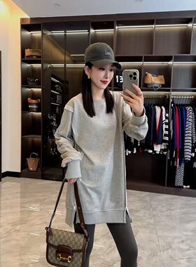 美式反扎边拼接开叉圆领卫衣女