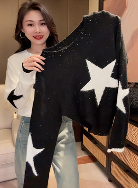 韩版五角星撞色加厚针织衫女毛衣