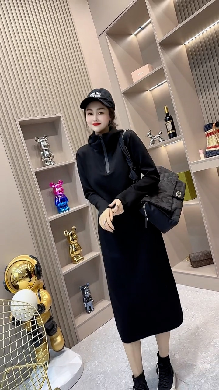 欧货小个子拉链纯棉连帽卫衣裙女