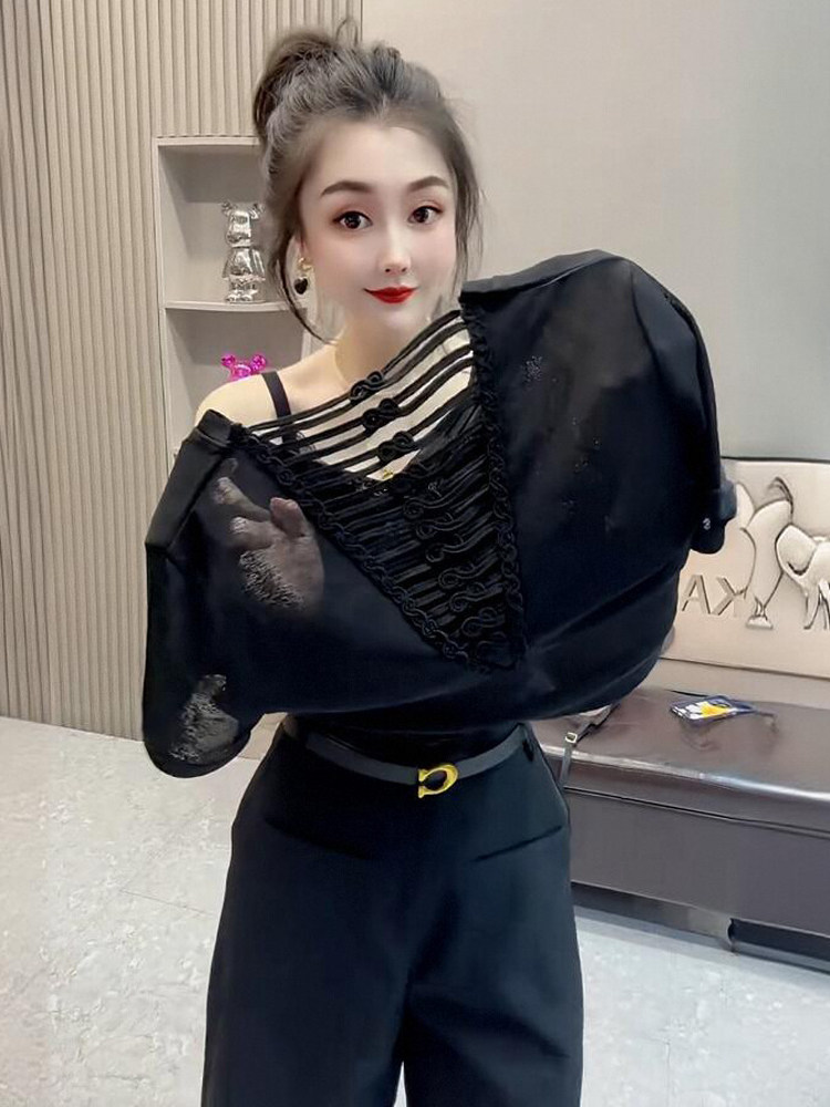 欧货设计感小众露背镂空网纱短袖T恤女薄款夏时尚V领冰丝正肩上衣