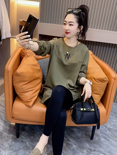 上衣 纽扣开叉长袖 2025春新款 N字母刺绣纯棉卫衣女宽松圆领中长款