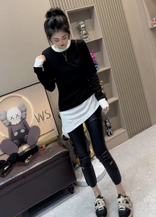 欧货2025秋装新黑白拼色假两件纯棉长袖T恤女收腰显瘦打底衫上衣