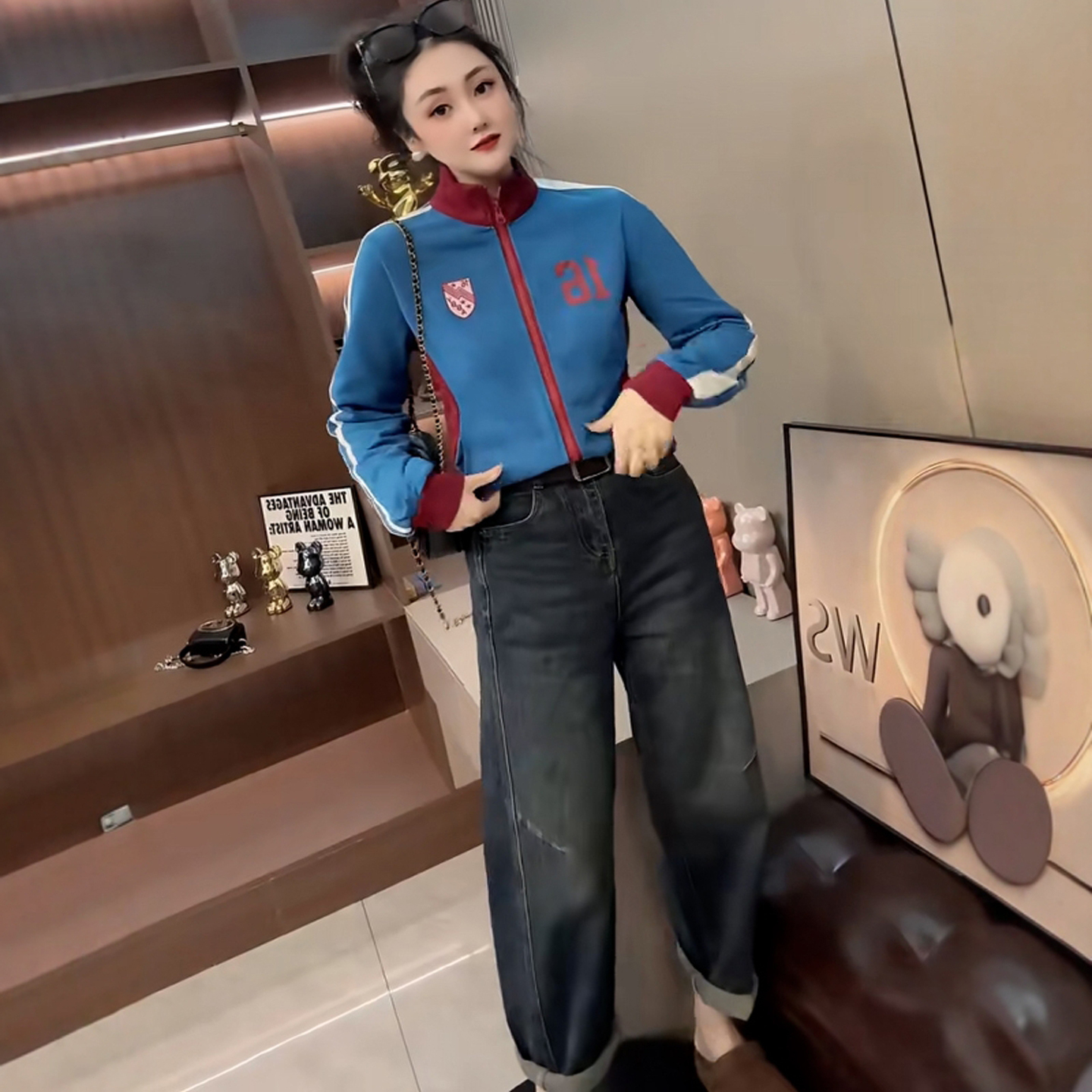 撞色条纹立领拉链卫衣外套女开衫