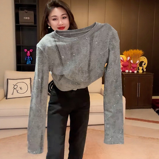 欧货灰色晕染加绒加厚长袖t恤女秋冬2025新款修身打底衫显瘦上衣