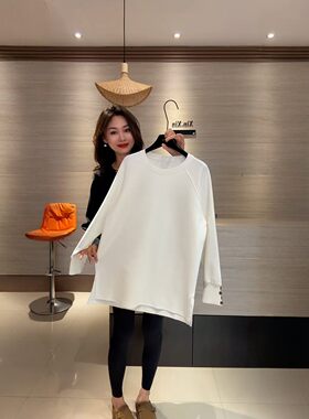 欧货袖口纽扣圆领白色长袖t恤女