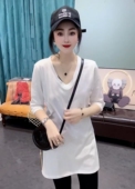 开叉上衣 T恤女宽松中长款 欧货2025早秋新款 V领设计感小众纯棉长袖