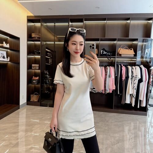 明线撞色木耳边短袖t恤女中长款