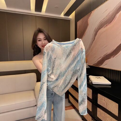 网纱晕染印花长袖t恤薄款上衣夏