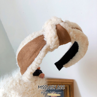韩国进口秋冬保暖羊羔毛麂皮拼接打结头箍气质百搭毛绒宽边发箍女