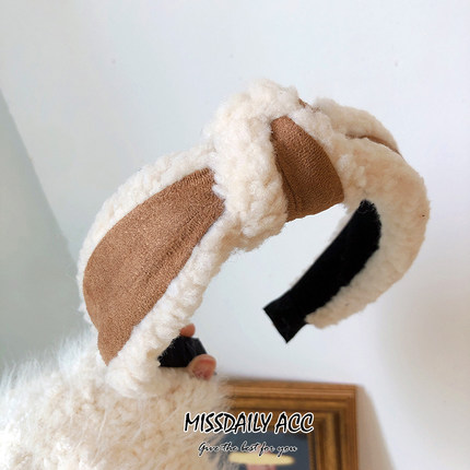 韩国进口秋冬保暖羊羔毛麂皮拼接打结头箍气质百搭毛绒宽边发箍女