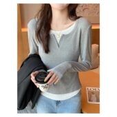 打底衫 女春秋季 2026新款 95棉假两件长袖 大码 胖mmT恤内搭正肩上衣