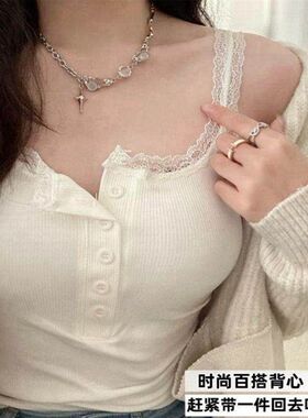 莫代尔纯欲蕾丝带胸垫吊带背心女大码春夏季新款外穿内搭打底上衣