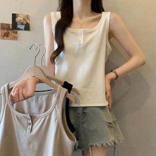 遮肚外穿内搭打底无袖 大码 上衣 新款 纯棉纽扣宽松吊带背心女春夏季