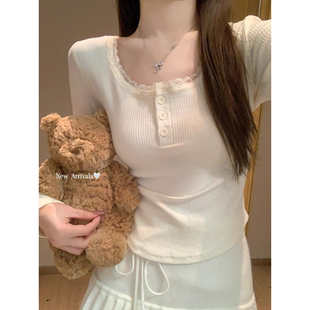 95棉蕾丝纽扣长袖打底衫女春秋新款大码胖mm纯欲修身内搭T恤上衣