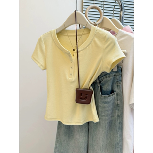 大码 95棉夏季 纽扣圆领短袖 T恤女2026新款 亨利领正肩上衣 胖mm修身